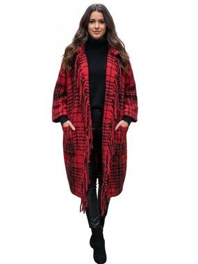 Treasure & Bond Plaid Fringe Duster Coat, Red & Black, Womens One Size